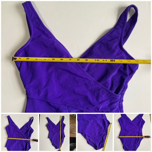 Vintage Bathing Suit Shell Beach One Piece Purple Crossover Front Ribbed EST. Lg - Picture 8 of 12